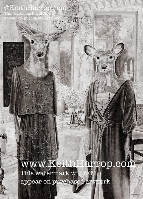 Anicurio #29 (Two Does in Evening Wear) © - Pencil Illustration