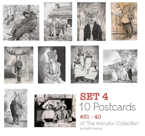 Postcards: SET 4: - 10 Assorted cards. 31 thru 40 of the Anicurio® collection of Pencil Illustrations