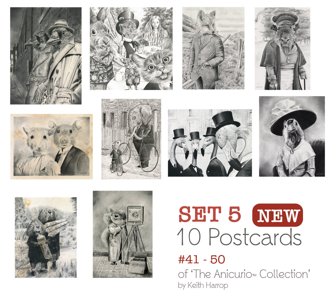 Postcards: SET 5: - 10 Assorted cards. 41 thru 50 of the Anicurio® collection of Pencil Illustrations