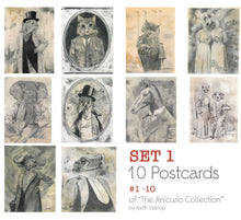 Load image into Gallery viewer, Postcards: SET 1: -Assorted 10 pack. 1 thru 10 of the Anicurio collection® of Pencil Illustrations
