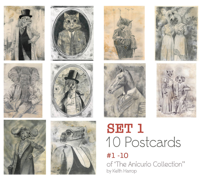 Postcards: SET 1: - 10 Assorted cards. 1 thru 10 of the Anicurio collection® of Pencil Illustrations