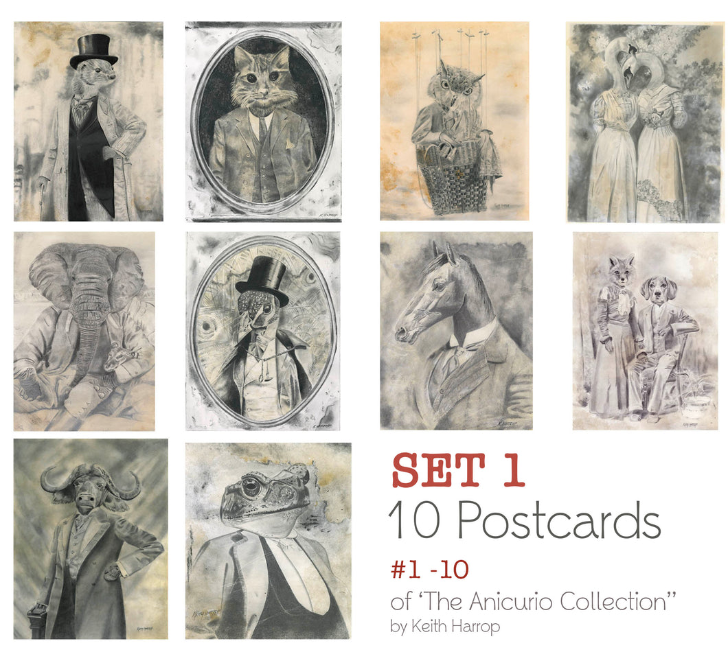 Postcards: SET 1: -Assorted 10 pack. 1 thru 10 of the Anicurio collection® of Pencil Illustrations
