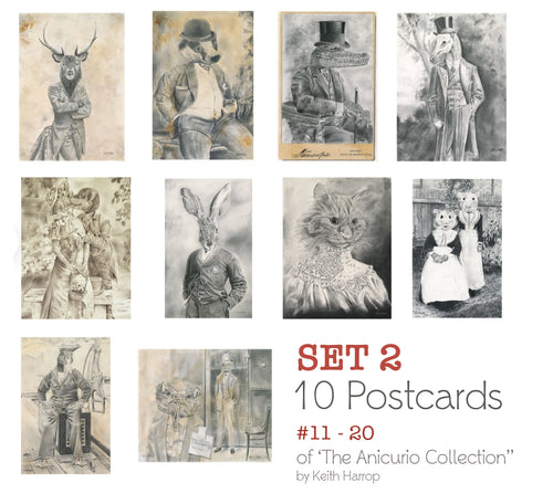 Postcards: SET 2 - Assorted 10 pack. 11 thru 20 of the Anicurio™ collection of Pencil Illustrations