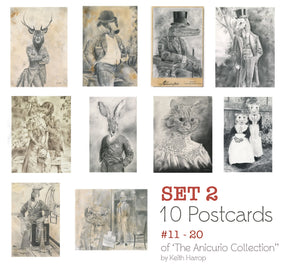 Postcards: SET 2 - Assorted 10 pack. 11 thru 20 of the Anicurio™ collection of Pencil Illustrations