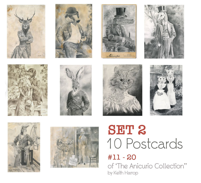 Postcards: SET 2 - 10 Assorted cards. 11 thru 20 of the Anicurio™ collection of Pencil Illustrations
