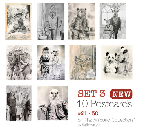 Postcards: SET 3 - Assorted 10 pack. 21 thru 30 of the Anicurio® collection of Pencil Illustrations