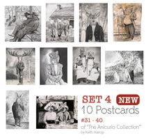 Load image into Gallery viewer, Postcards: SET 4: -Assorted 10 pack. 31 thru 40 of the Anicurio® collection of Pencil Illustrations