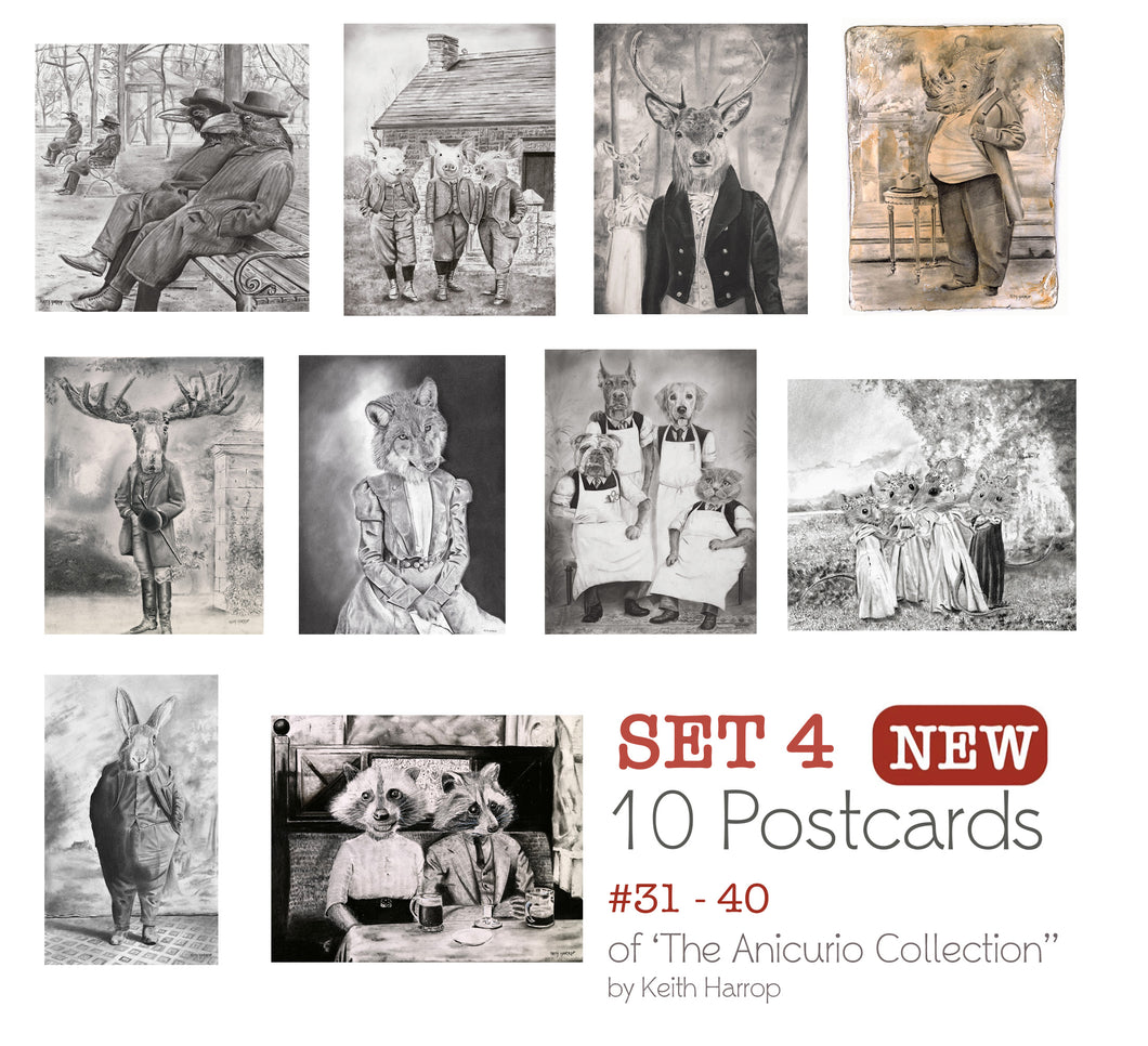 Postcards: SET 4: -Assorted 10 pack. 31 thru 40 of the Anicurio® collection of Pencil Illustrations
