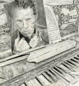 Tom Waits and an old piano - Pencil Illustration