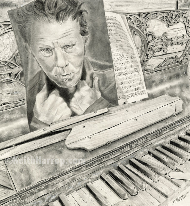 Tom Waits and an old piano - Pencil Illustration